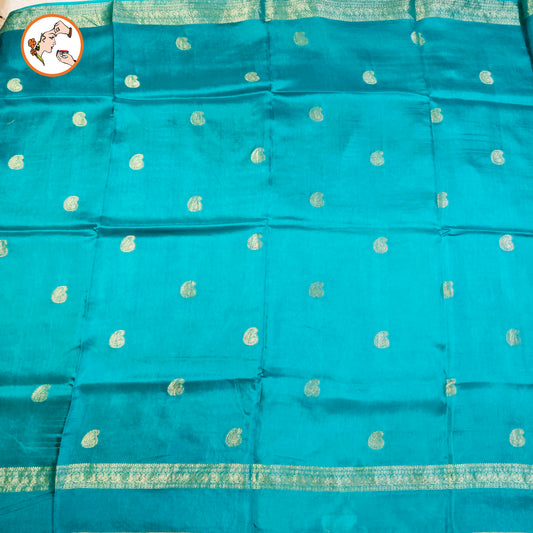 Peacock Green/Teal Mango butta Viscose Silk Saree with contrast blouse