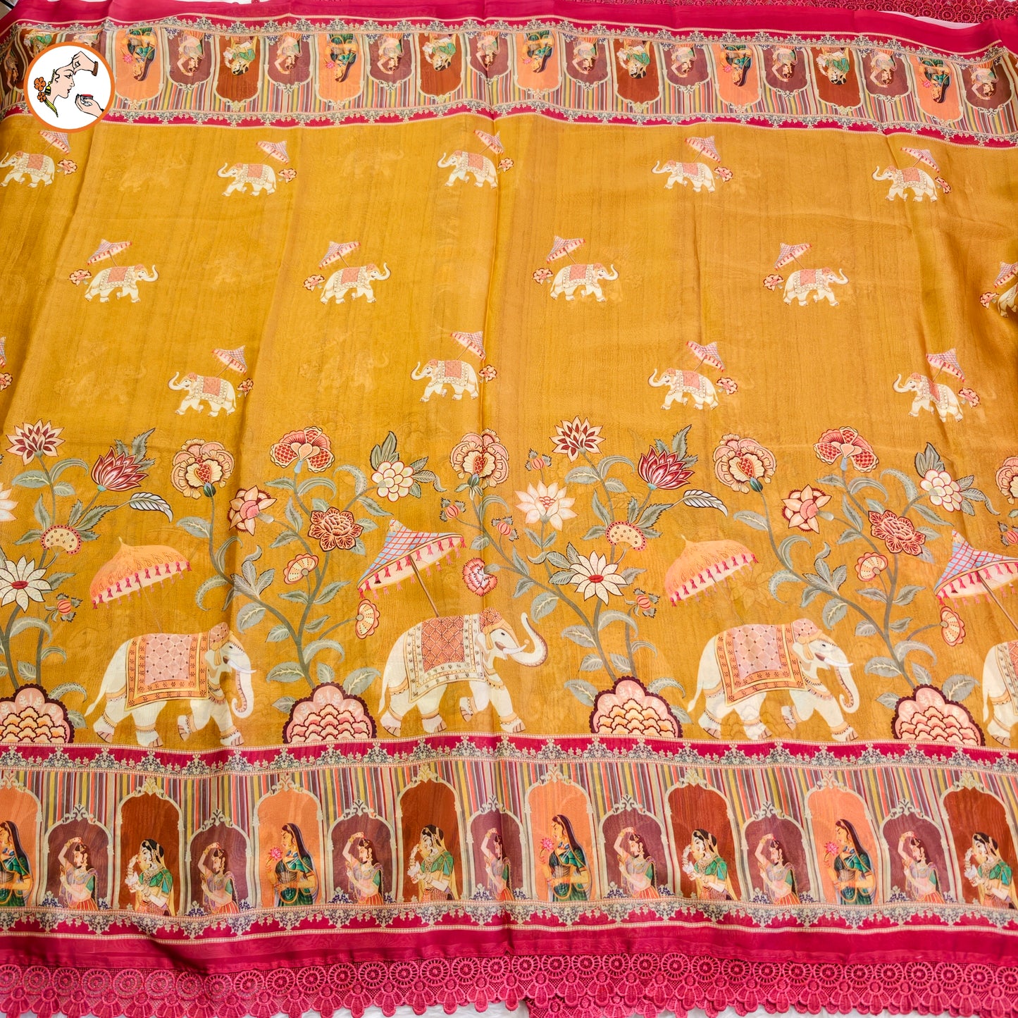 Mustard Yellow Rajput painting motif Georgette Saree with lace border