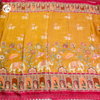 Mustard Yellow Rajput painting motif Georgette Saree with lace border