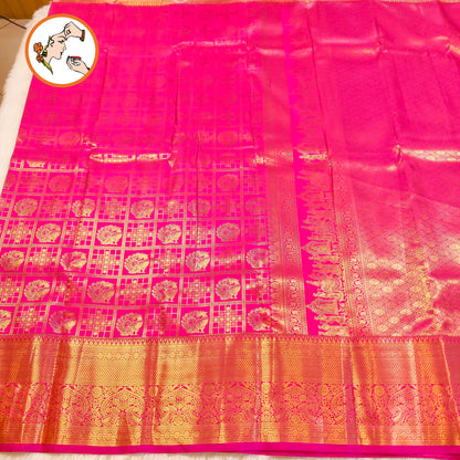 Magenta Pink checks with Peacock butta Gold zari Kanchipuram Bridal Mix Silk Saree
