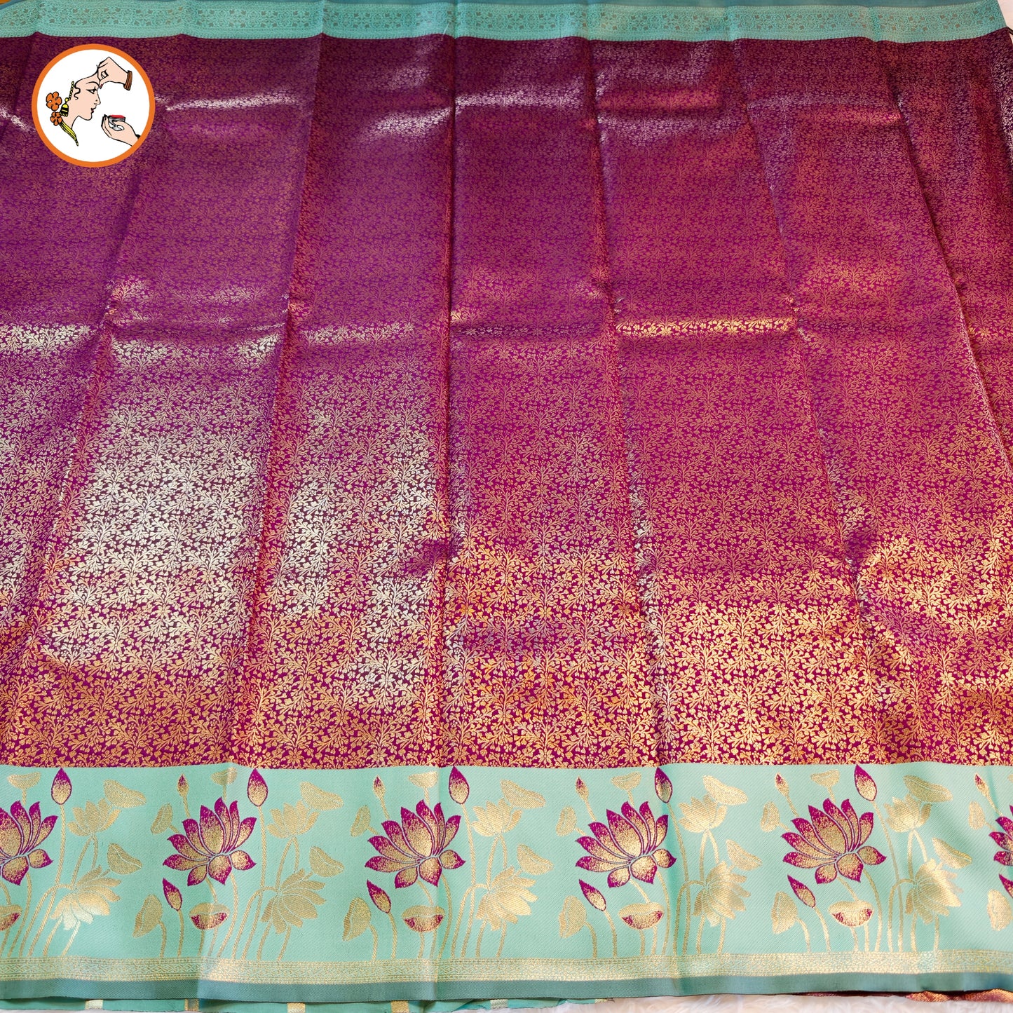 Purple with Mint Green Lotus border Fancy Semi Silk Saree