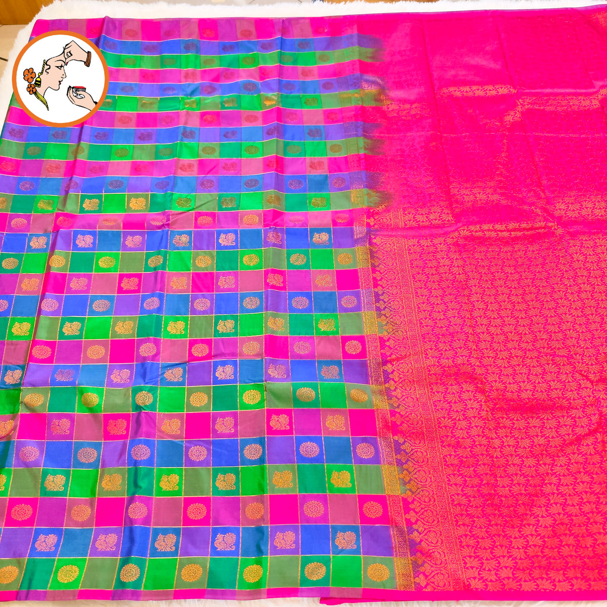 Multi coloured Paalum Pazhamum checks Traditional Kanchipuram Mix Silk Saree