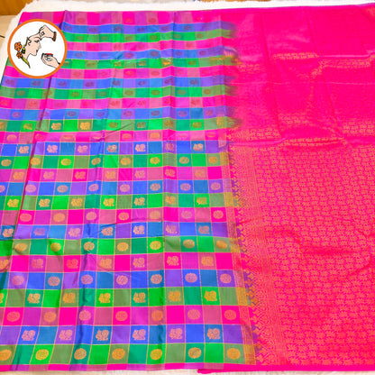 Multi coloured Paalum Pazhamum checks Traditional Kanchipuram Mix Silk Saree