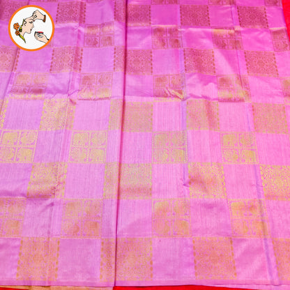 Lavender checkered Elephant & peacock butta Borderless Tussar Silk Saree