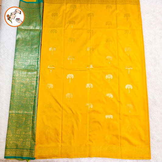 Yellow colour small border Soft Silk Saree with contrast blouse