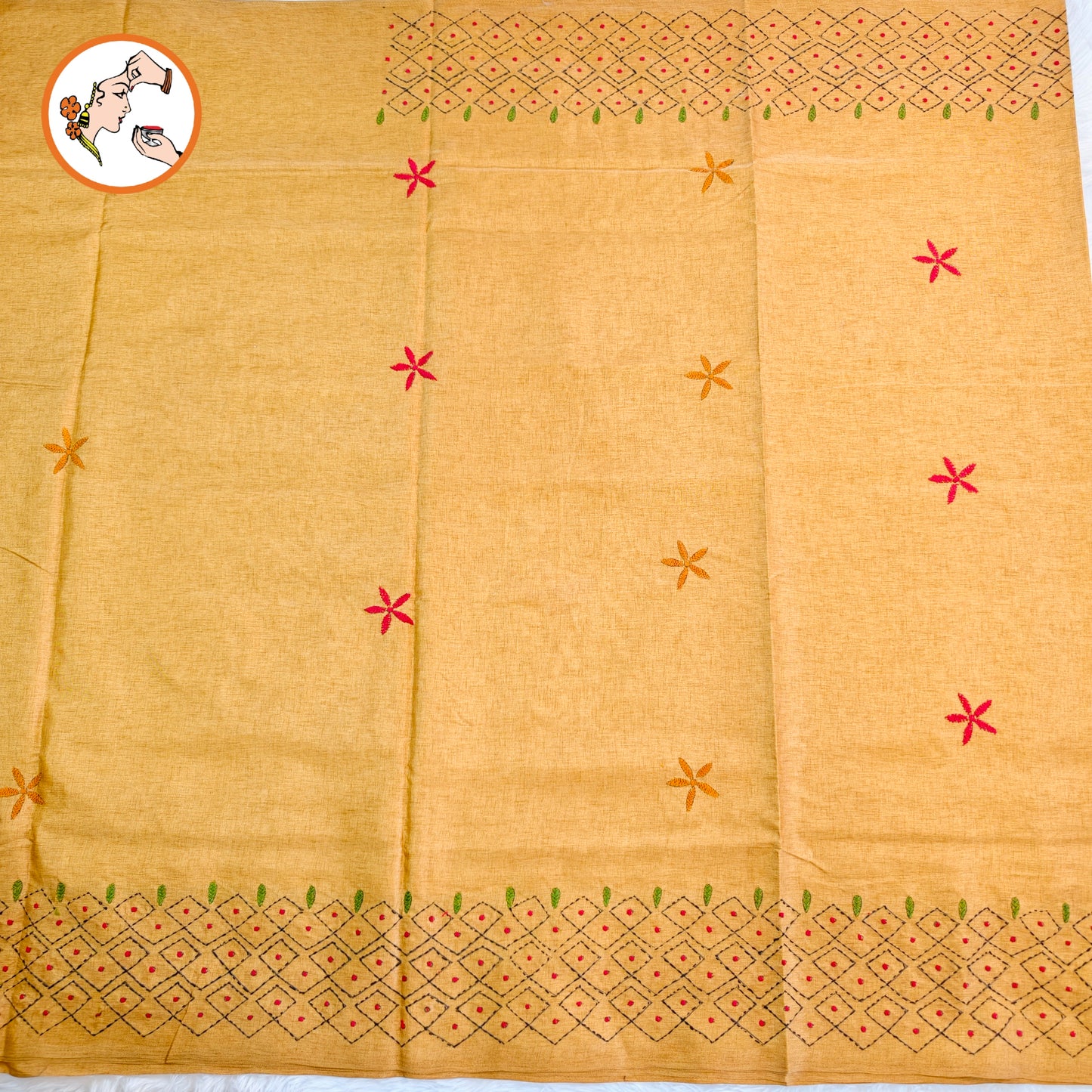 Mustard Yellow colour Kantha Embroidary Tussar Silk Saree