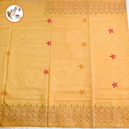 Mustard Yellow colour Kantha Embroidary Tussar Silk Saree