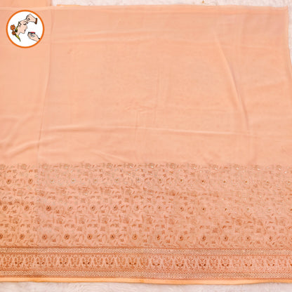 Pastel Peach Rose Gold Embroidery Stonework Partywear Georgette Saree
