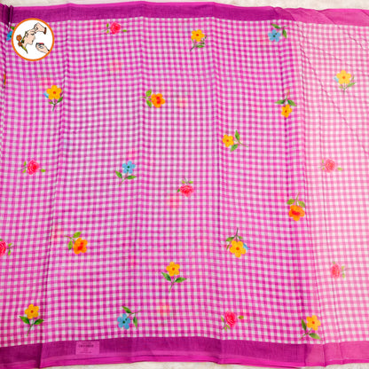 Purple checks pattern Linen Cotton Casual Saree