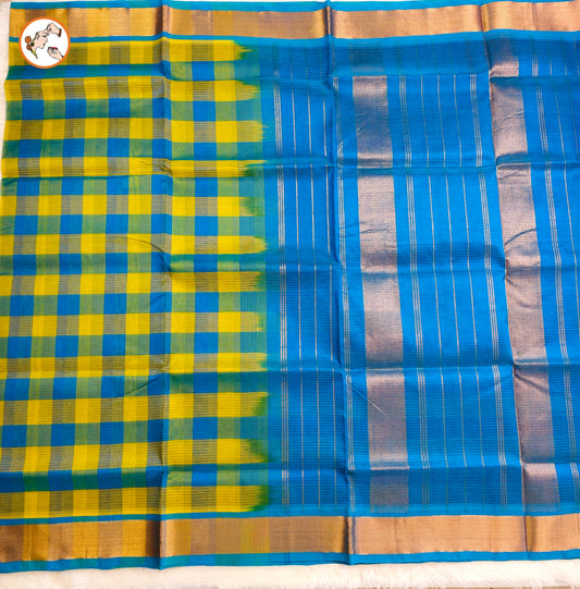 Green & Blue Paalum Pazhamum checks Pure Silk Cotton Saree with beautiful Kalamkari print