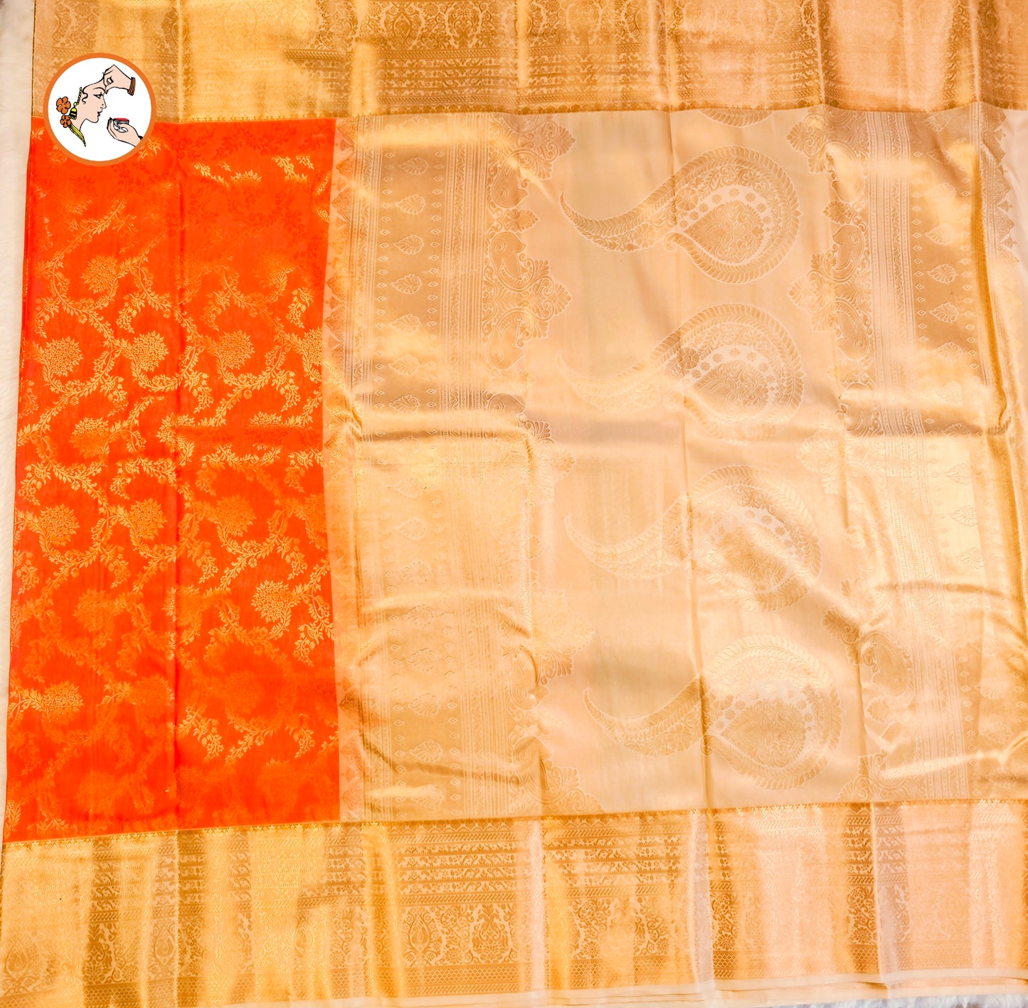 Orange with Cream border Bridal Kanchipuram Mix Silk Saree