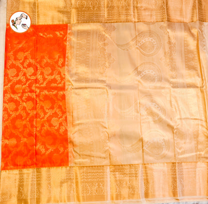 Orange with Cream border Bridal Kanchipuram Mix Silk Saree