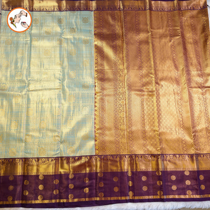 Light Sky Blue colour with Purple border High Tissue Kanchipuram Semi Silk Saree