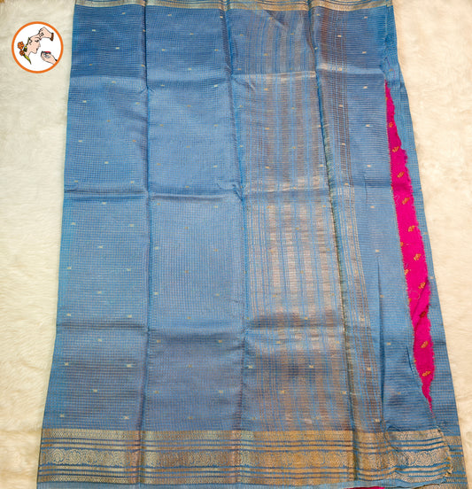 Light Blue Podi Kattam checks Viscose Silk Fancy Saree with Contrast blouse