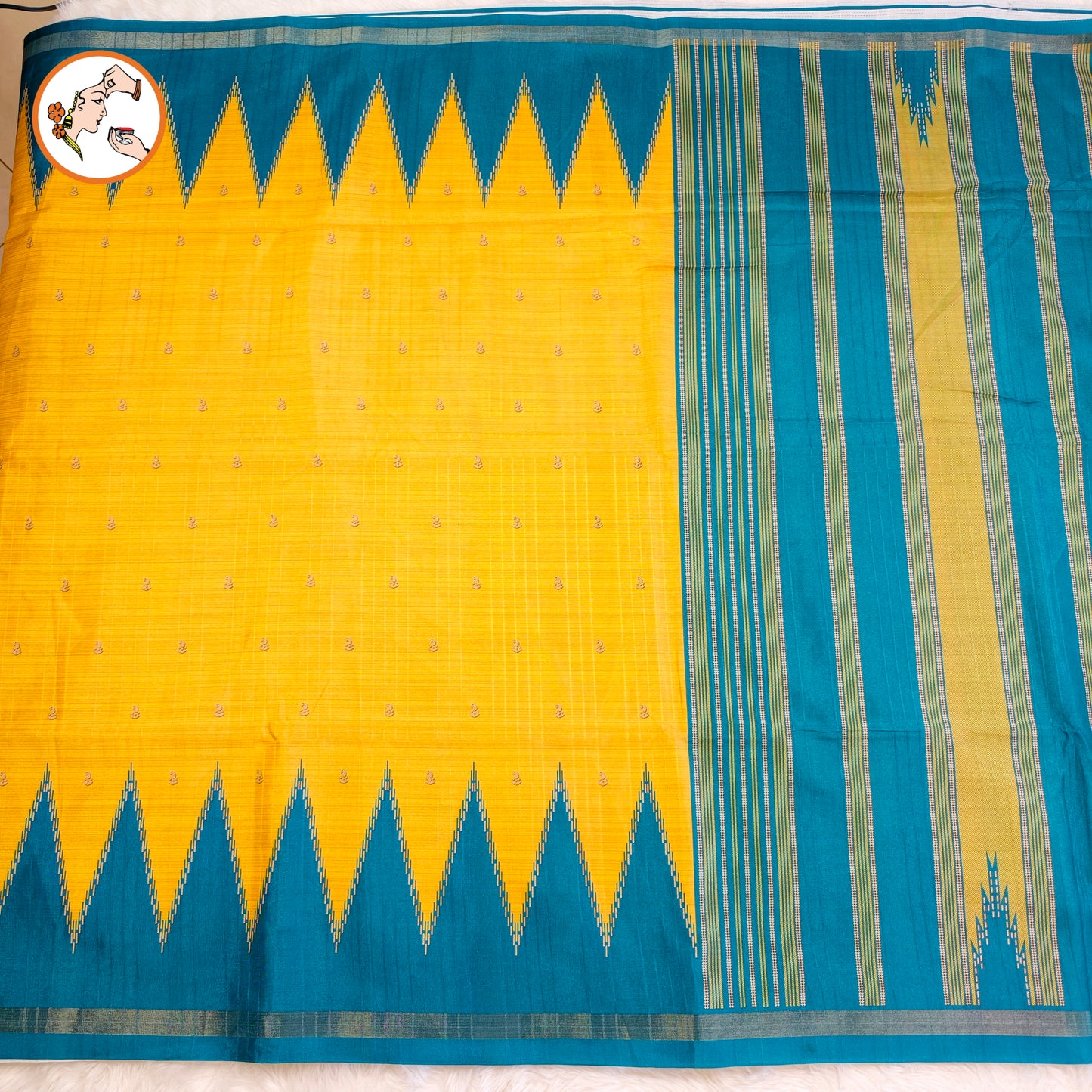 Golden Yellow with Blue temple border Dola Silk Casual Saree