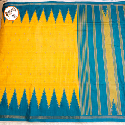 Golden Yellow with Blue temple border Dola Silk Casual Saree