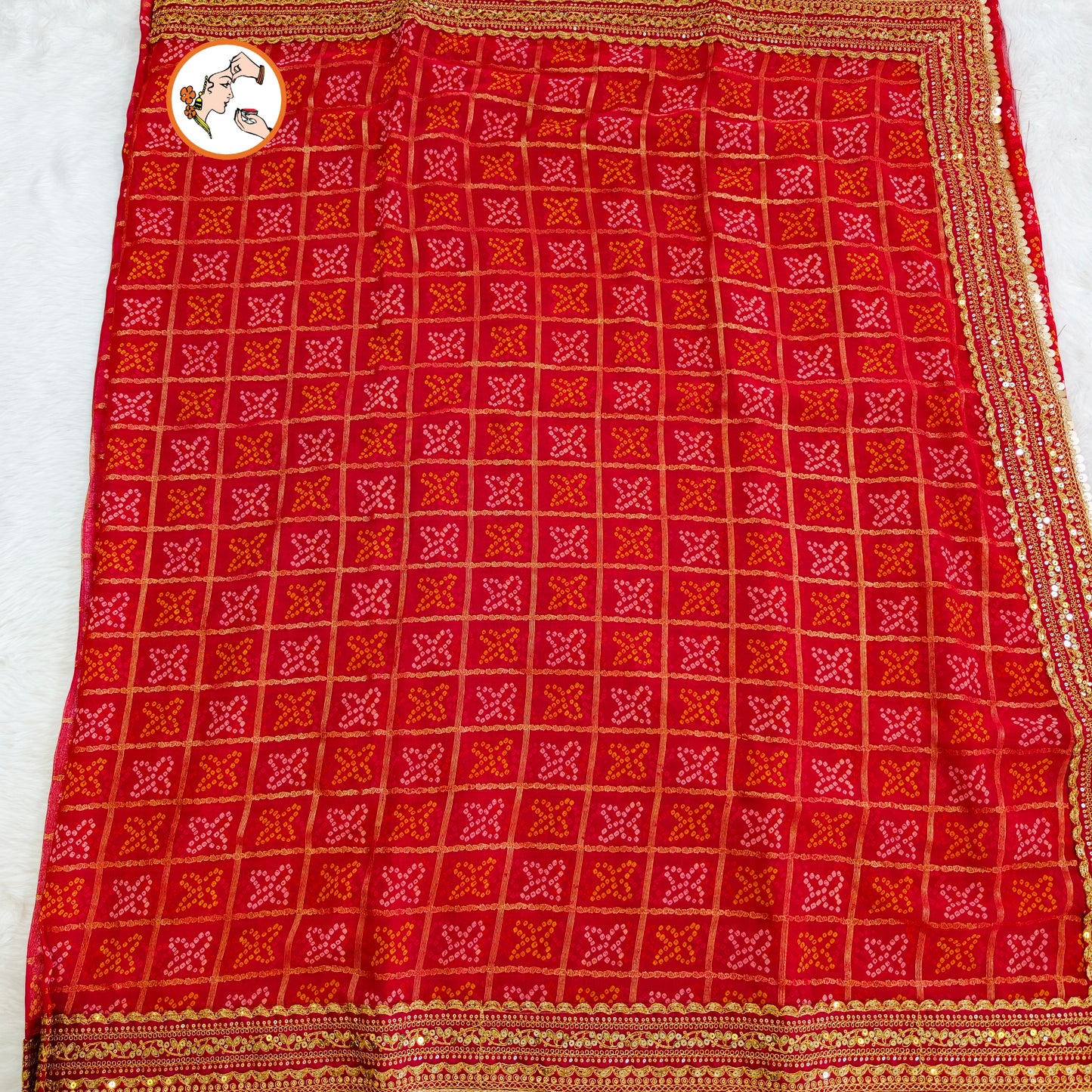 Red Bandhani Georgette Partywear Saree with Lace border