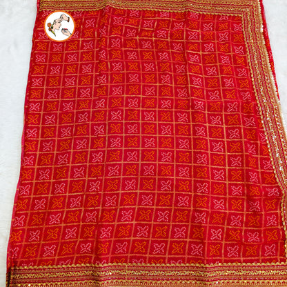 Red Bandhani Georgette Partywear Saree with Lace border