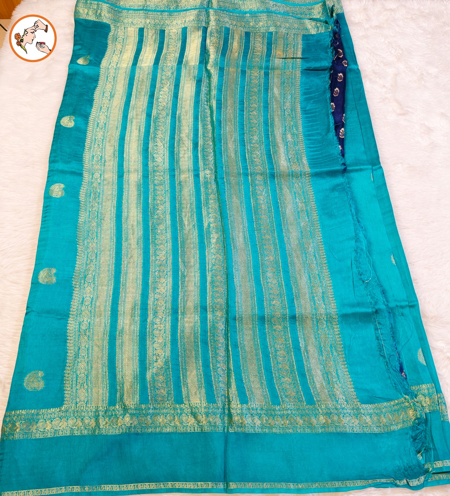 Peacock Green/Teal Mango butta Viscose Silk Saree with contrast blouse