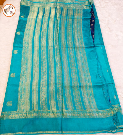 Peacock Green/Teal Mango butta Viscose Silk Saree with contrast blouse