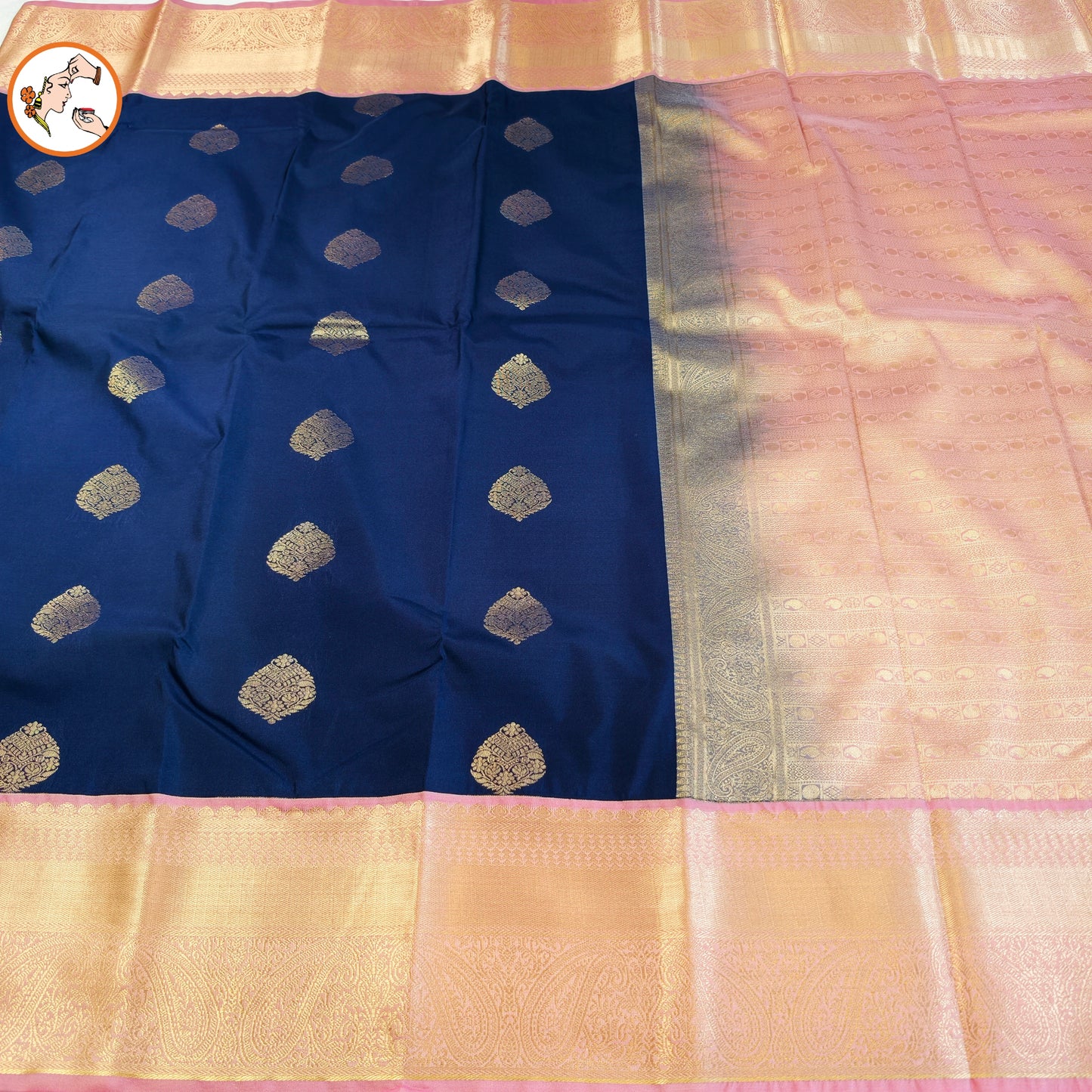 Blue Kanchipuram Semi Silk Saree with Baby Pink border