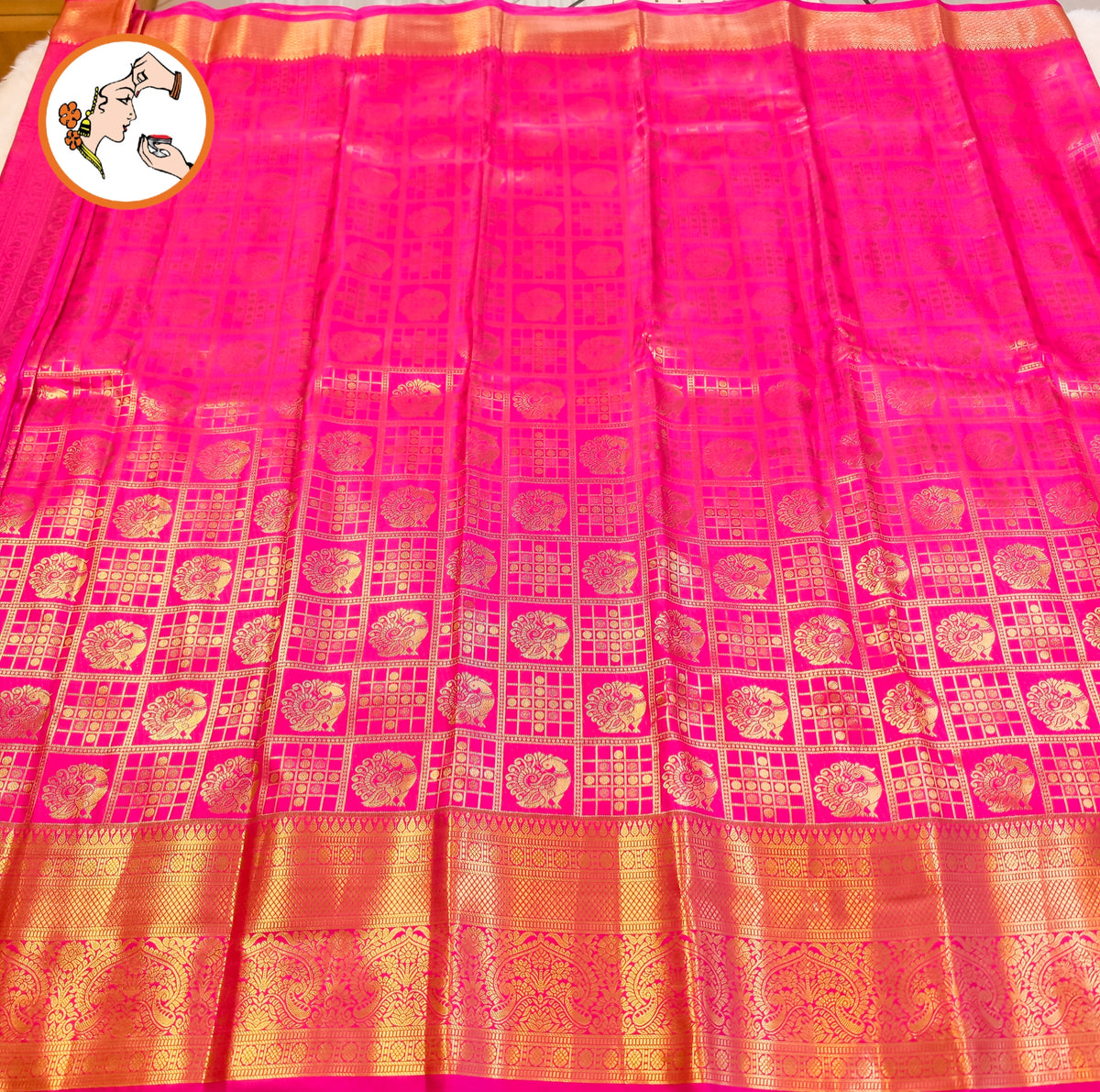 Magenta Pink checks with Peacock butta Gold zari Kanchipuram Bridal Mix Silk Saree