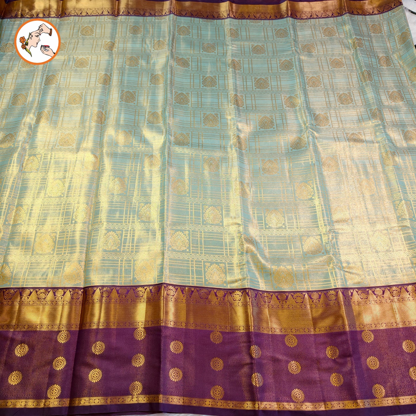 Light Sky Blue colour with Purple border High Tissue Kanchipuram Semi Silk Saree