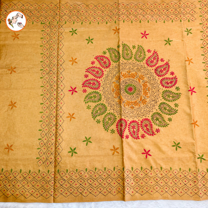 Mustard Yellow colour Kantha Embroidary Tussar Silk Saree