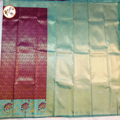 Purple with Mint Green Lotus border Fancy Semi Silk Saree