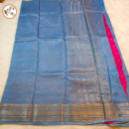 Light Blue Podi Kattam checks Viscose Silk Fancy Saree with Contrast blouse
