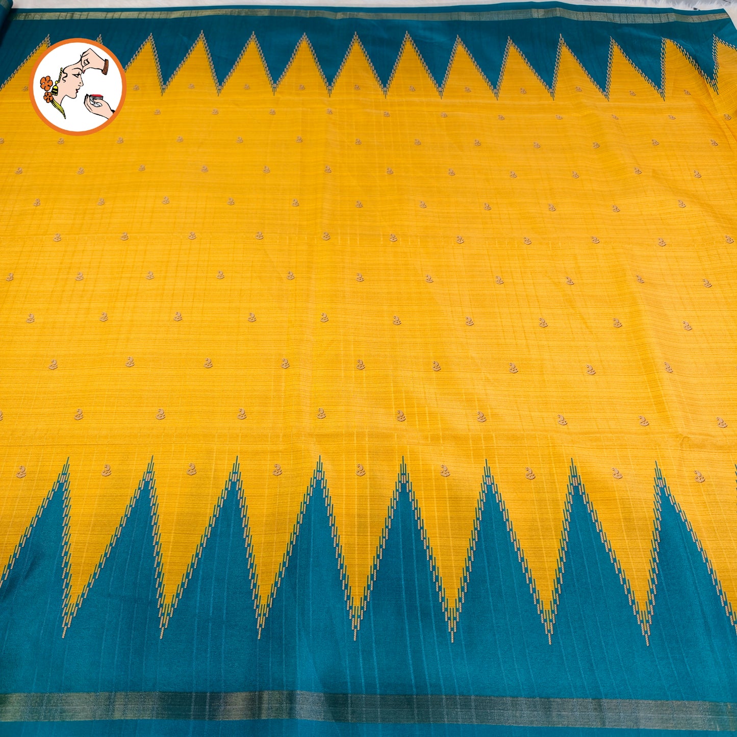 Golden Yellow with Blue temple border Dola Silk Casual Saree