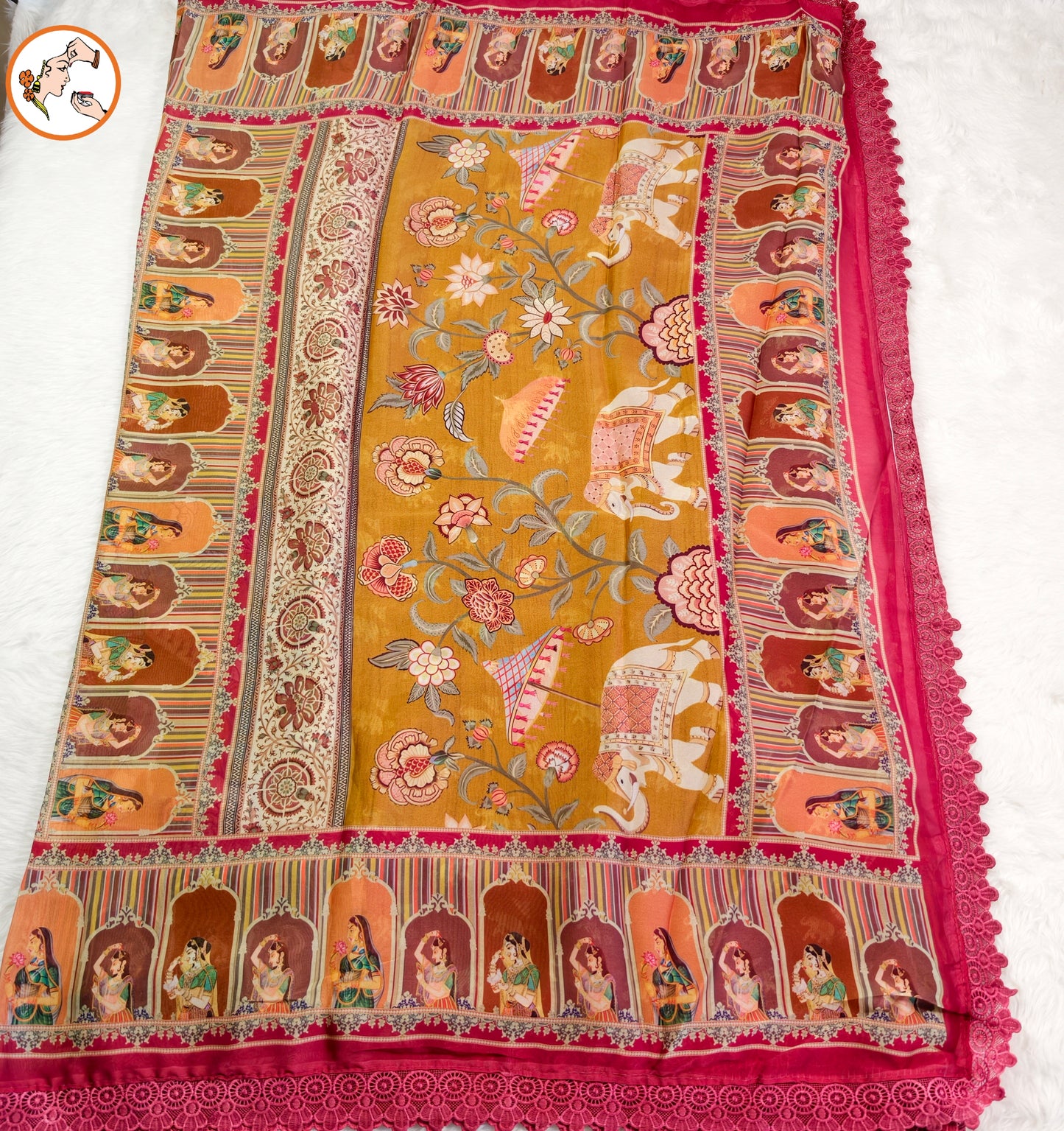 Mustard Yellow Rajput painting motif Georgette Saree with lace border
