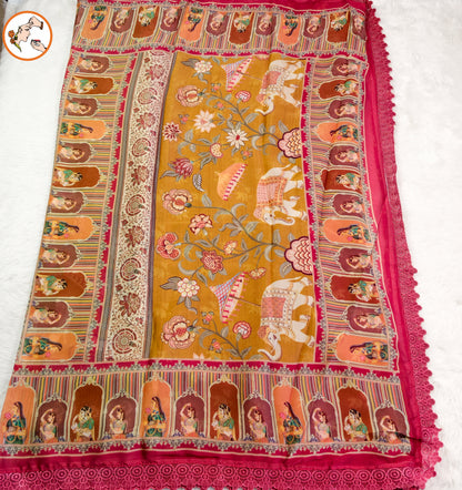 Mustard Yellow Rajput painting motif Georgette Saree with lace border