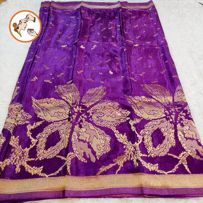 Purple Gold zari work Bridal Pure Russian Satin Silk Saree