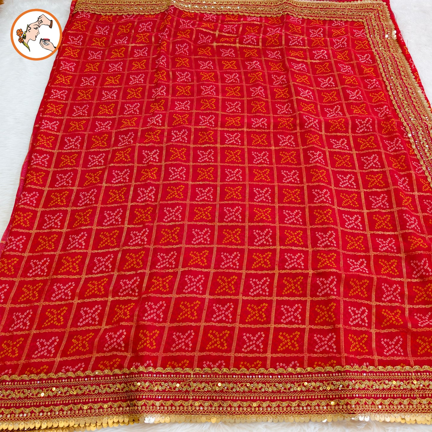 Red Bandhani Georgette Partywear Saree with Lace border