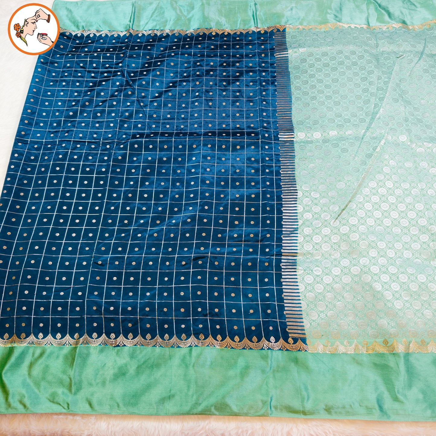 Teal Blue Traditional checks Fancy Soft Silk Saree with Pastel Green Satin border