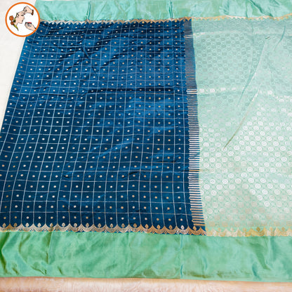 Teal Blue Traditional checks Fancy Soft Silk Saree with Pastel Green Satin border