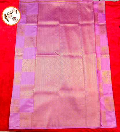 Lavender checkered Elephant & peacock butta Borderless Tussar Silk Saree