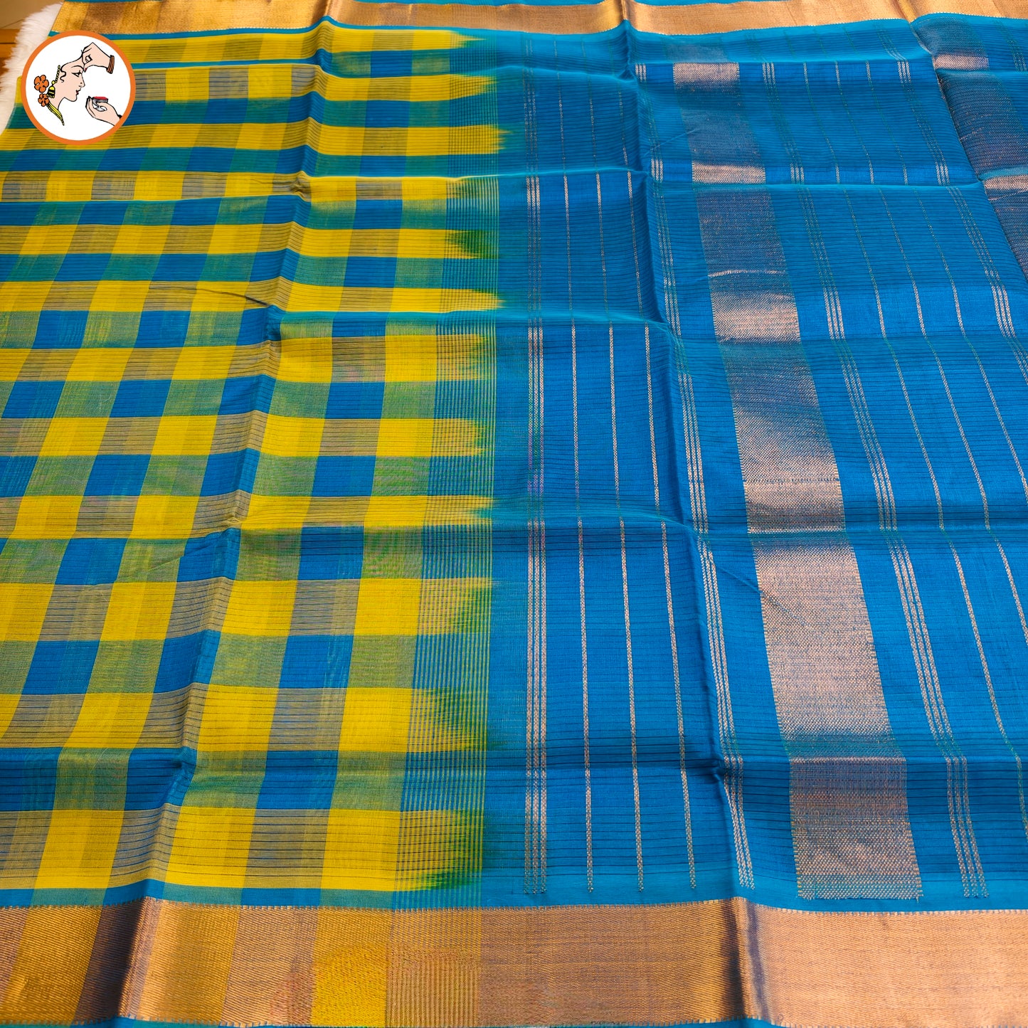 Green & Blue Paalum Pazhamum checks Pure Silk Cotton Saree with beautiful Kalamkari print