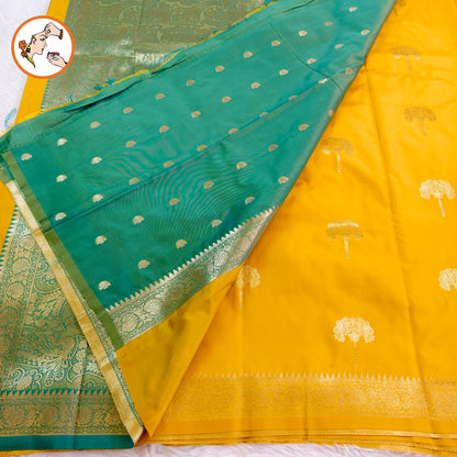 Yellow colour small border Soft Silk Saree with contrast blouse