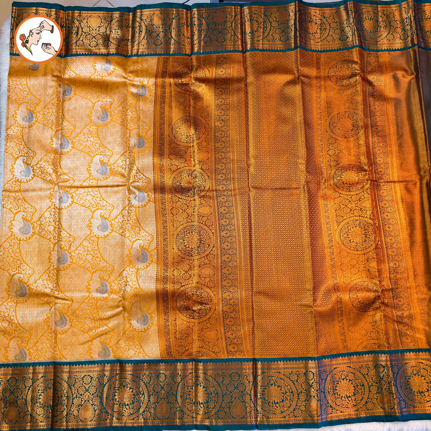 Mustard Yellow with Dark Green Kanchipuram Tissue Silk Saree