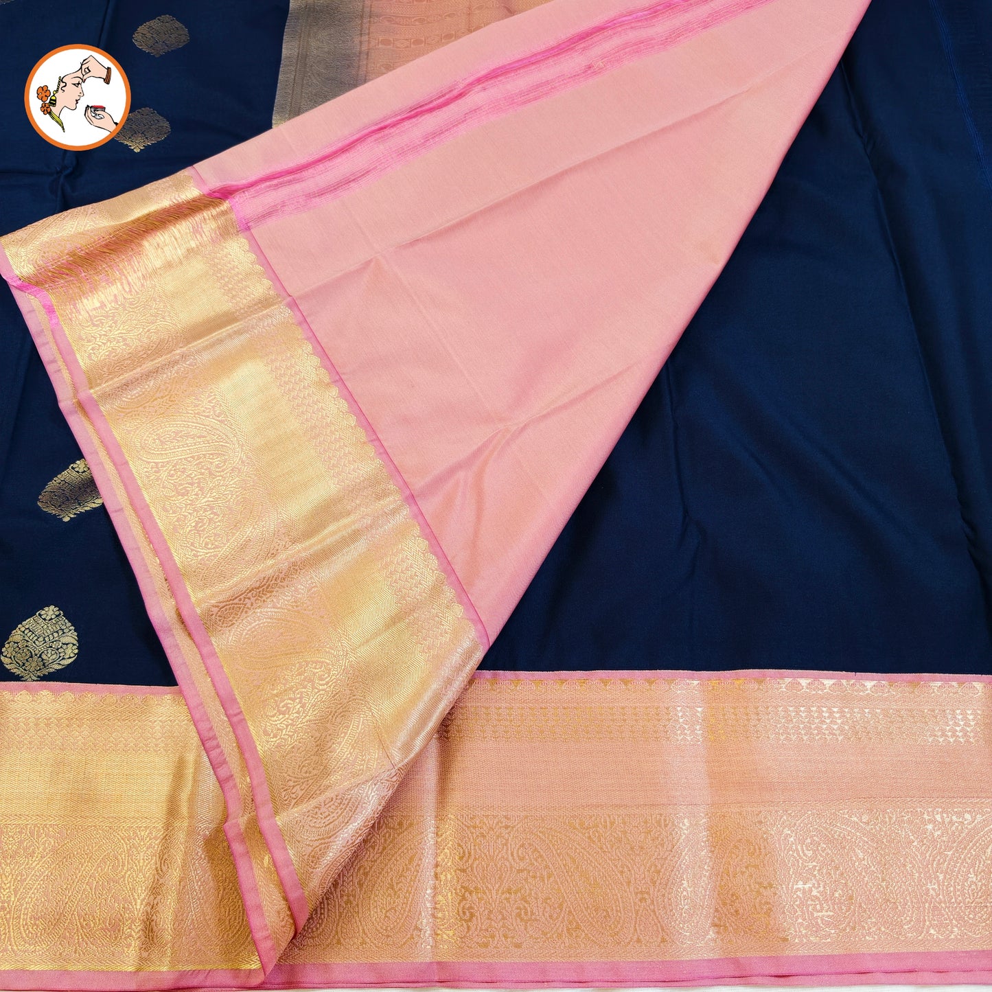 Blue Kanchipuram Semi Silk Saree with Baby Pink border