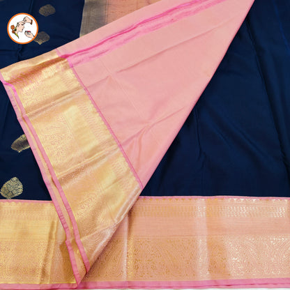 Blue Kanchipuram Semi Silk Saree with Baby Pink border