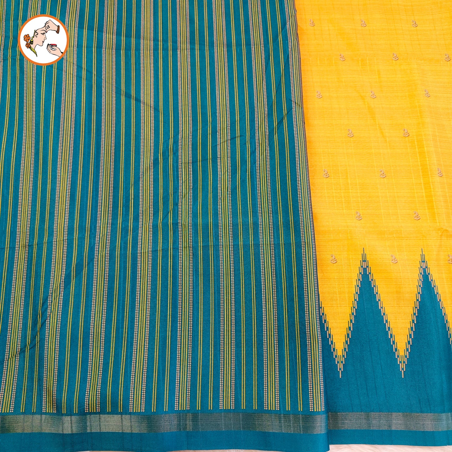 Golden Yellow with Blue temple border Dola Silk Casual Saree