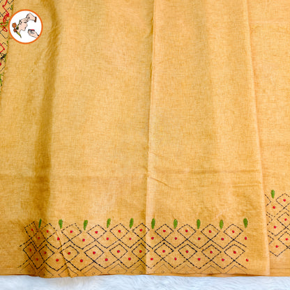 Mustard Yellow colour Kantha Embroidary Tussar Silk Saree