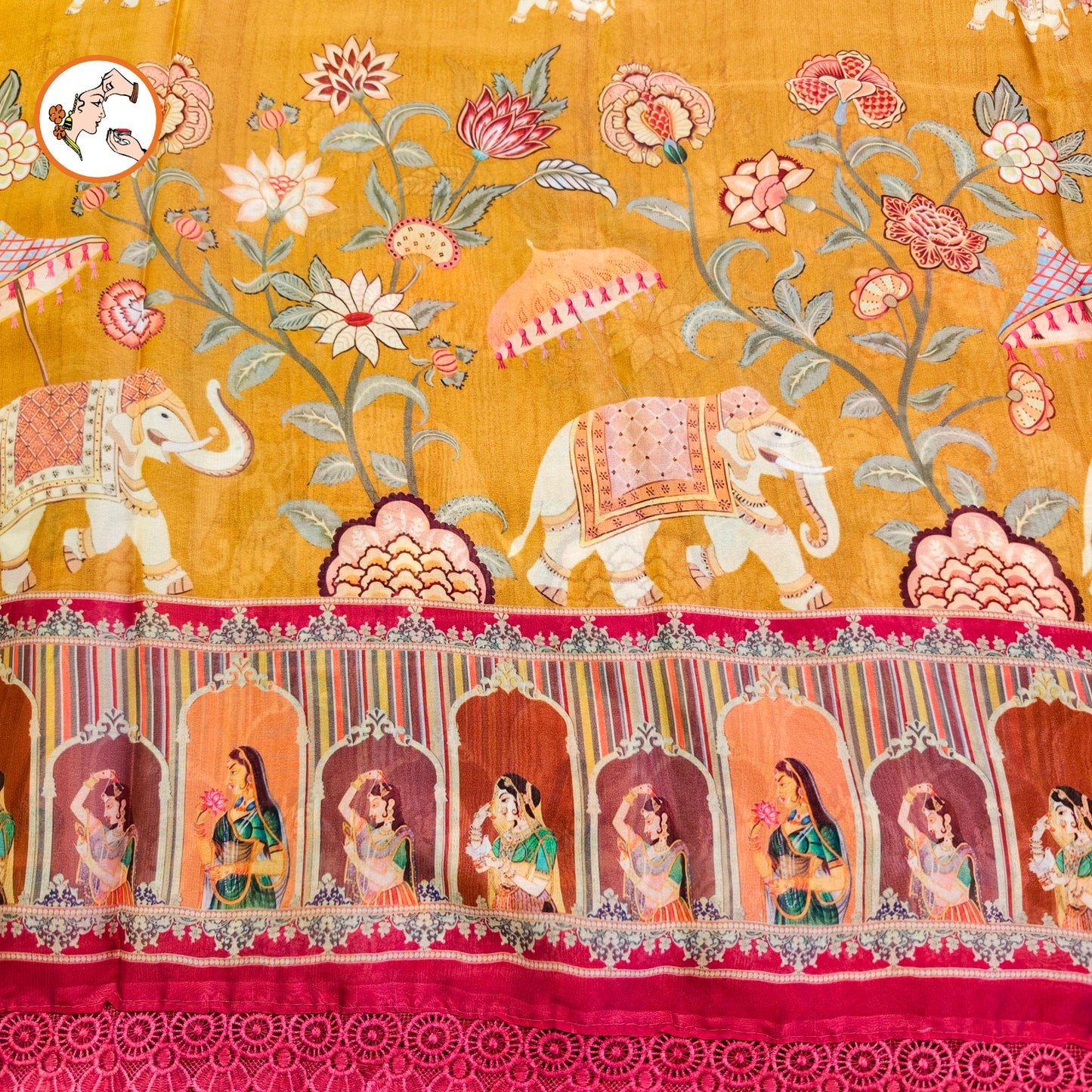 Mustard Yellow Rajput painting motif Georgette Saree with lace border
