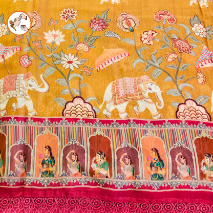 Mustard Yellow Rajput painting motif Georgette Saree with lace border
