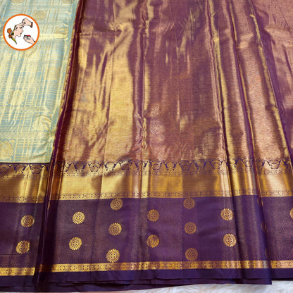 Light Sky Blue colour with Purple border High Tissue Kanchipuram Semi Silk Saree
