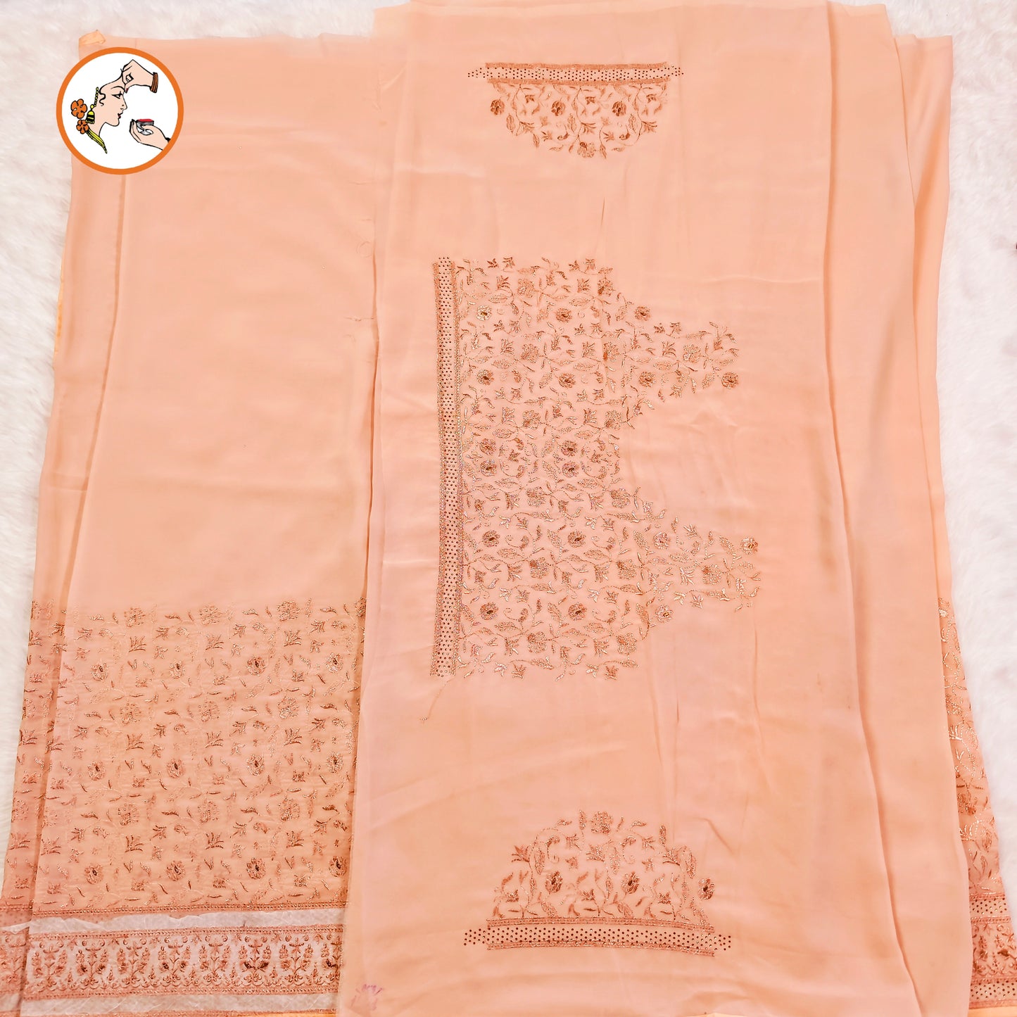 Pastel Peach Rose Gold Embroidery Stonework Partywear Georgette Saree