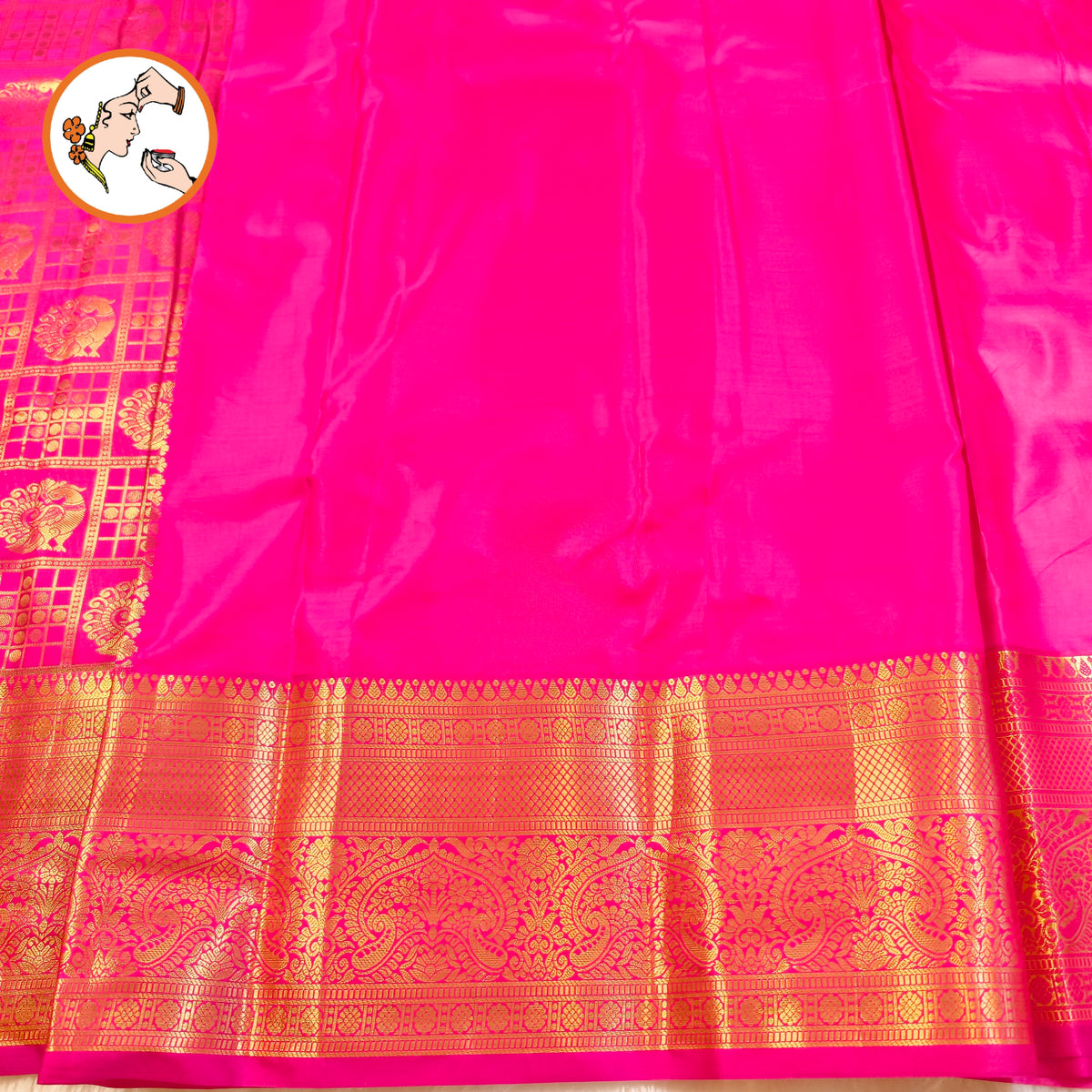 Magenta Pink checks with Peacock butta Gold zari Kanchipuram Bridal Mix Silk Saree
